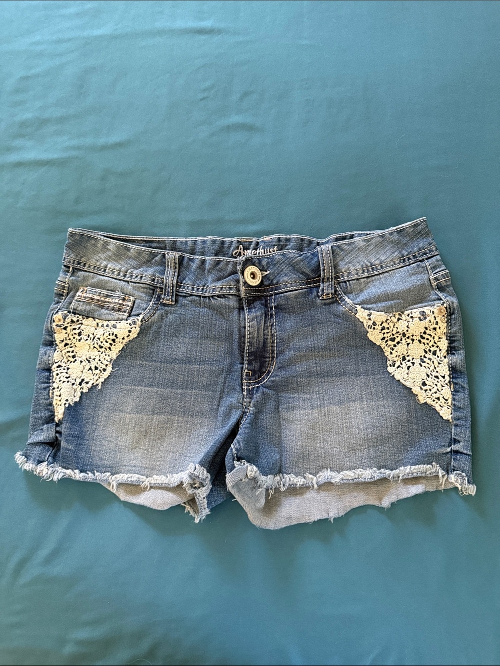Amethyst Jeans Blue Denim Shorts with Cream Crochet Trim